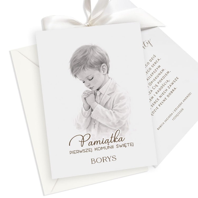 Kartka personalizowana na Komunię dla chłopca. W kartce znajdują się życzenia.