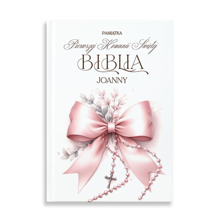 Eleganckie wydanie biblii komunijnej dla dziewczynki. Na okładce znajduje się grafika różowej kokardy oraz personalizacja w postaci imienia.