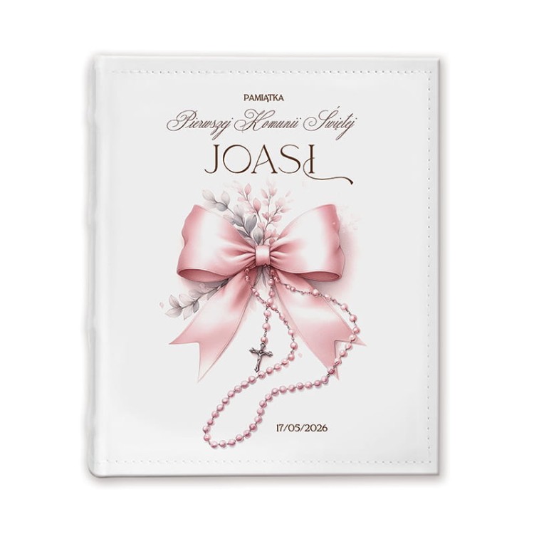 Personalizowany album na Komunię dla dziewczynki. Okładka udekorowana motywem kokardy i różańca.