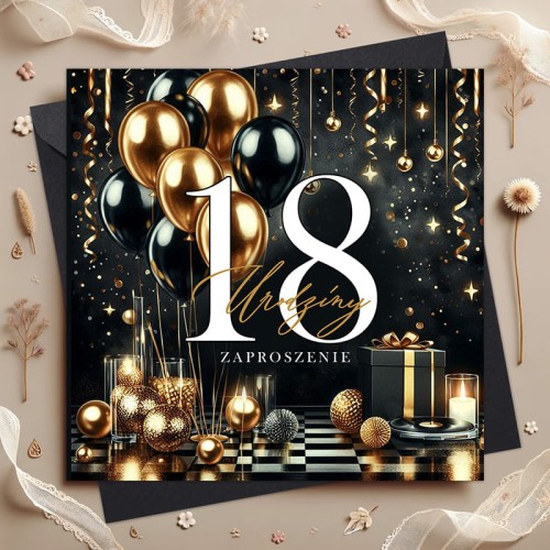 Zaproszenia na 18 urodziny do wypisania. Czarno złota kolorystyka.