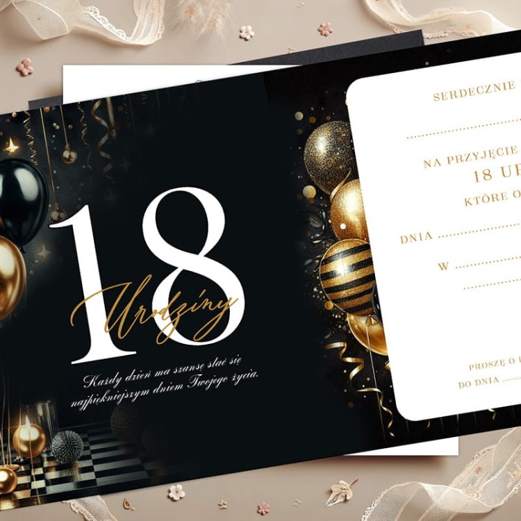 Czarno złote zaproszenia do wypisania na 18 urodziny.