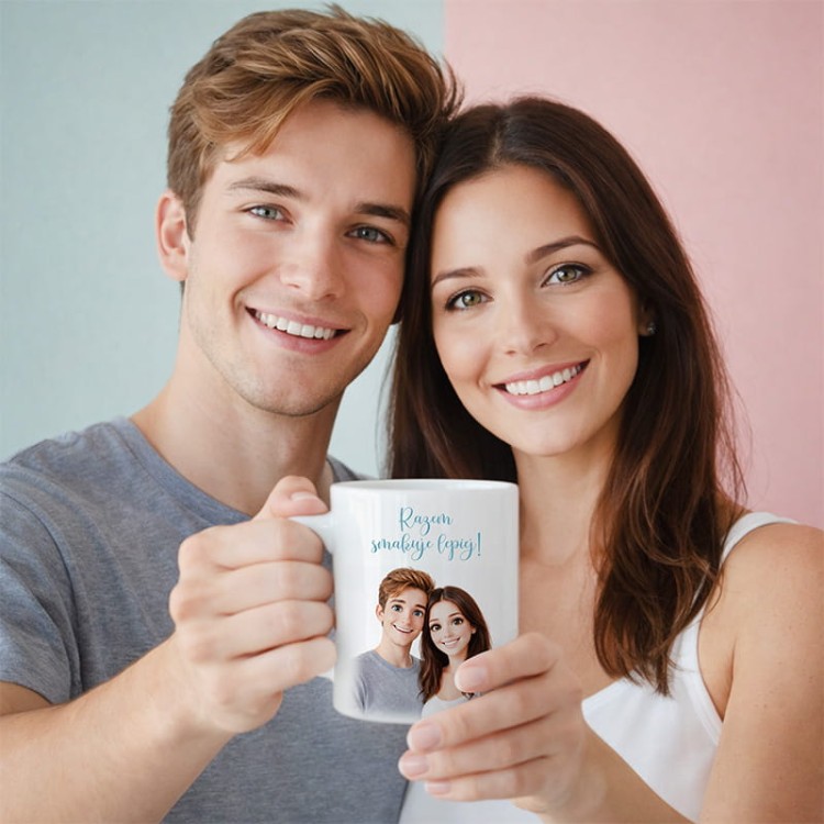 Kubek ze zdjęciem pary w stylu bajkowym. Personalizowany prezent na rocznicę, ślub, walentynki.