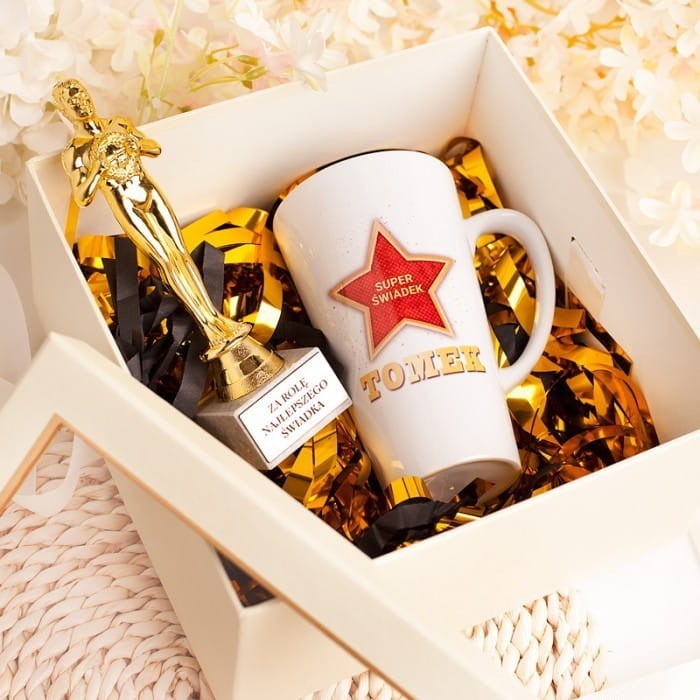 ZESTAW Prezent dla Świadka kubek i statuetka w pudełku