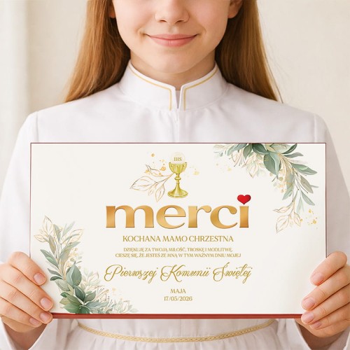 Personalizowana bombonierka Merci na podziękowanie komunijne dla mamy lub taty chrzestnego.