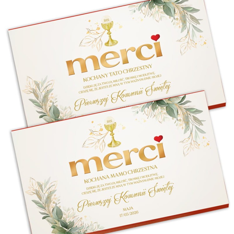 Podziękowanie na Komunię dla rodziców chrzestnych. Bombonierka merci personalizowana.
