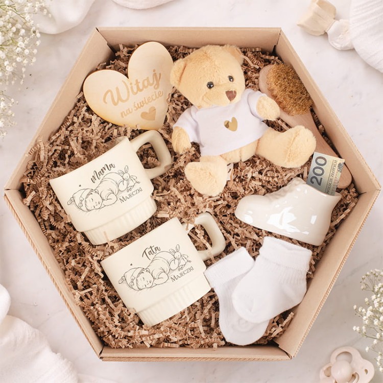 Zestaw prezentowy dla rodziców niemowlaka na narodziny.