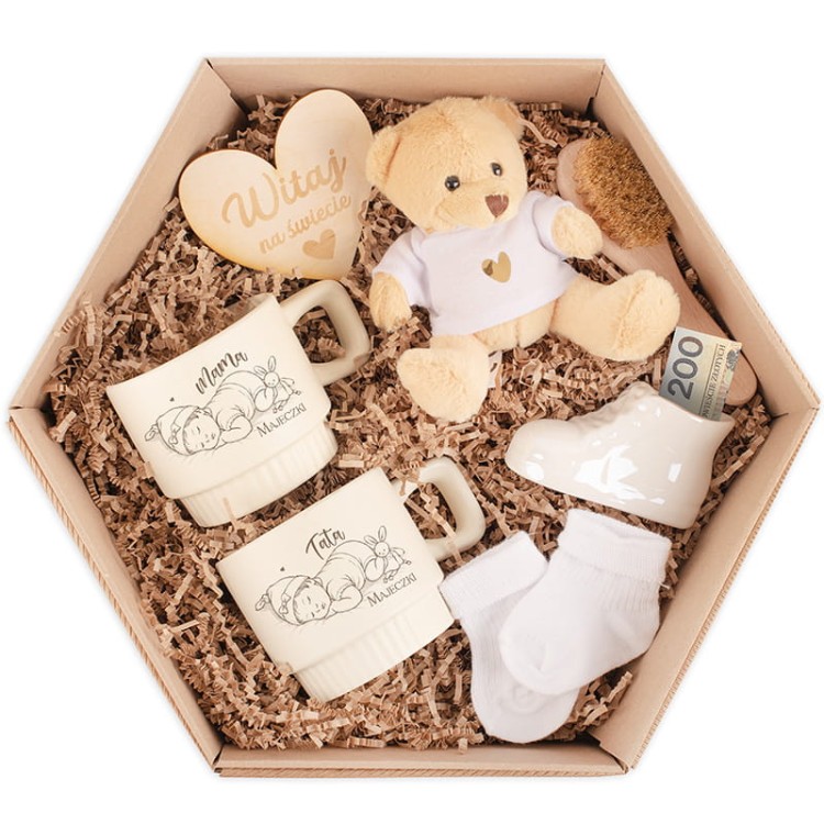 Gotowy box upominków dla świeżo upieczonych rodziców i niemowlaka.