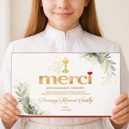 Bombonierka Merci personalizowana na prezent dla dziadków.