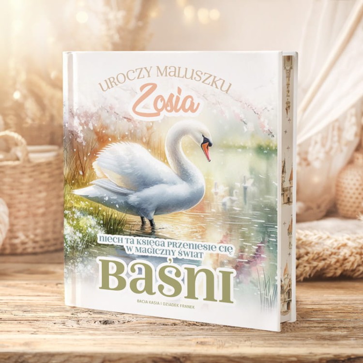 Baśnie z barwionymi brzegami i okładką z łabędziem. Personalizowany prezent urodzinowy dla dziecka.
