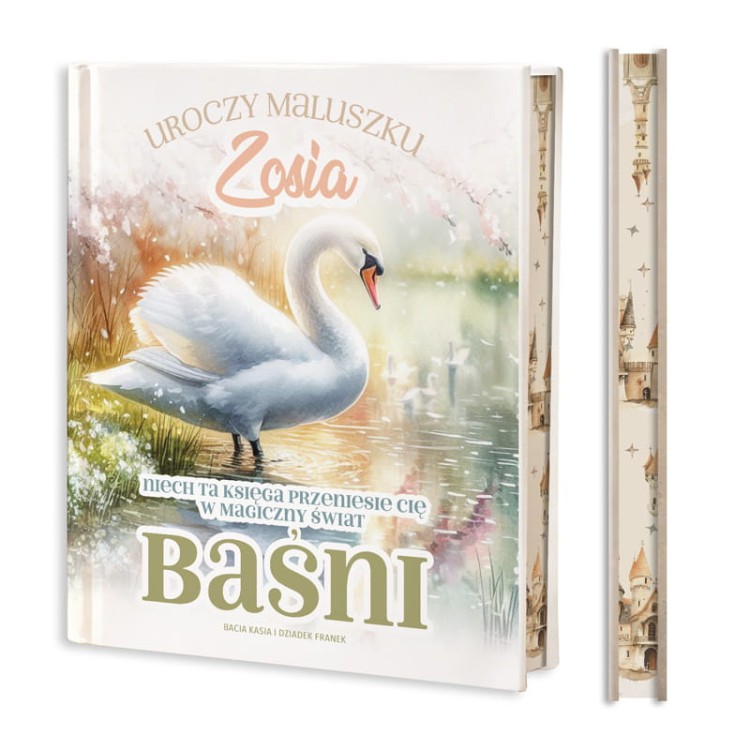 Książka z baśniami dla dzieci, z barwionymi brzegami i okładką z łabędziem. Personalizowany prezent dla dziecka.