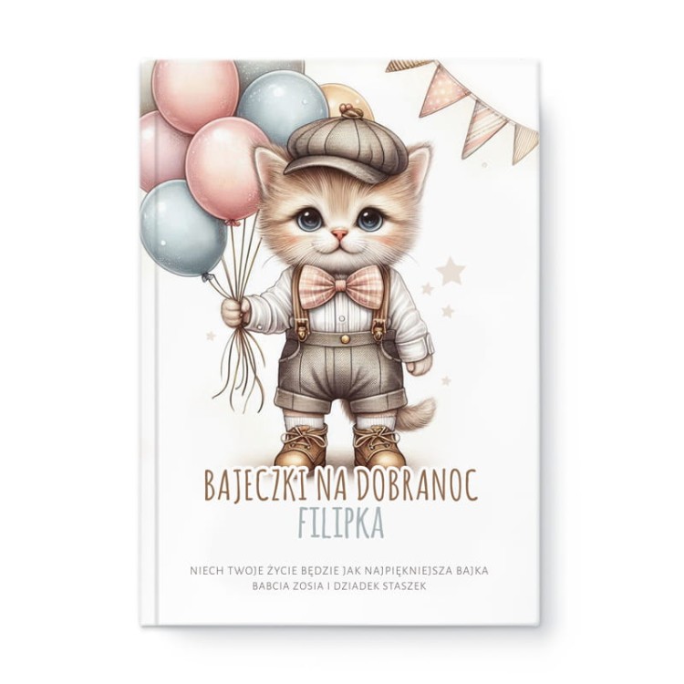 Personalizowana książka dla dzieci z okładką z kotem.