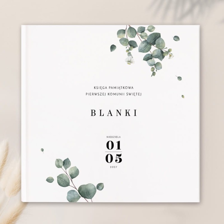 ksiega-komunijna-personalizowana-kwadratowa-z-wzorem-eukaliptusa-Prezent-dla-dziecka-komunijnego-biale-kartki.jpg