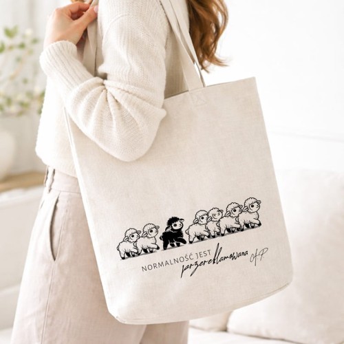 Płócienna torba z zabawnym napisem i owcami.