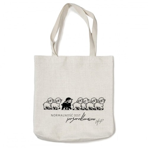 Personalizowana torba materiałowa z czarną owcą.