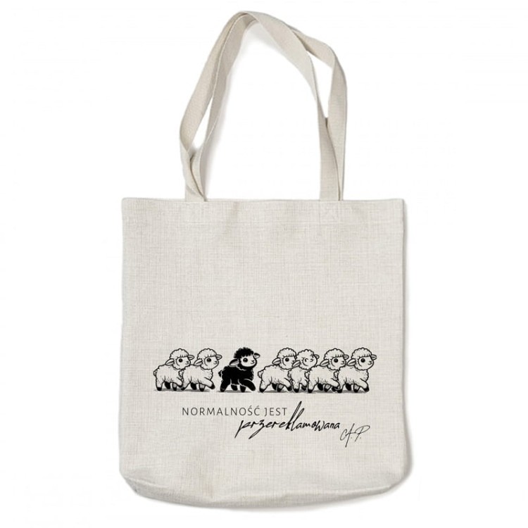 Personalizowana torba materiałowa z czarną owcą.
