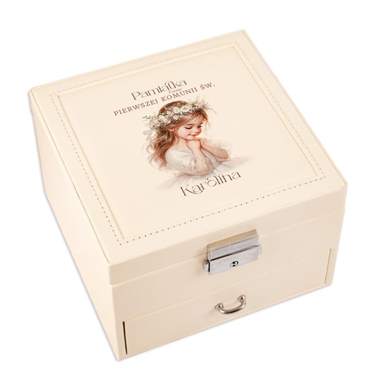 Kuferek na biżuterię z imieniem. Pamiątka Pierwszej Komunii Świętej dla dziewczynki.