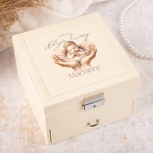 Personalizowany kuferek na biżuterię, pamiątka chrztu.