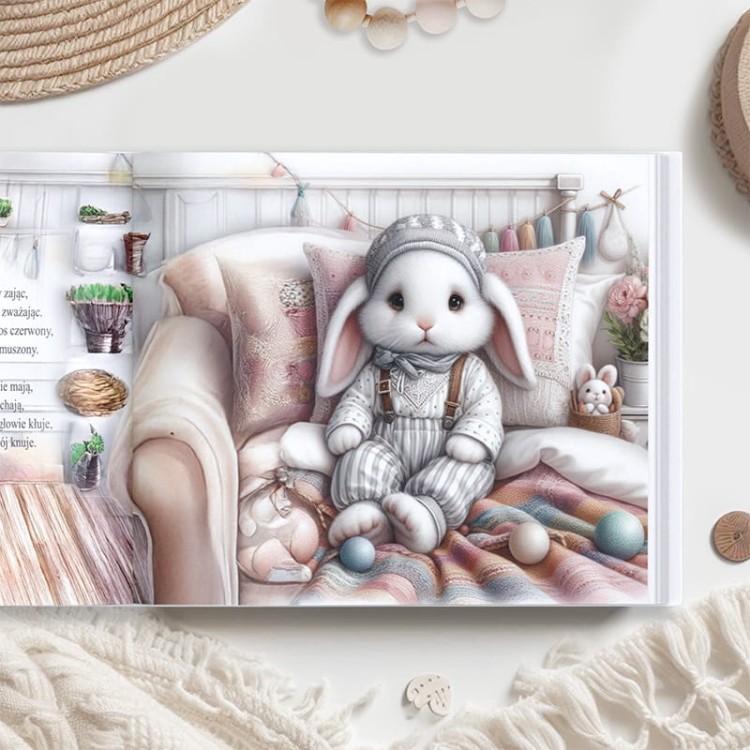 Ilustracja z zajączkiem w bajce dla dzieci.