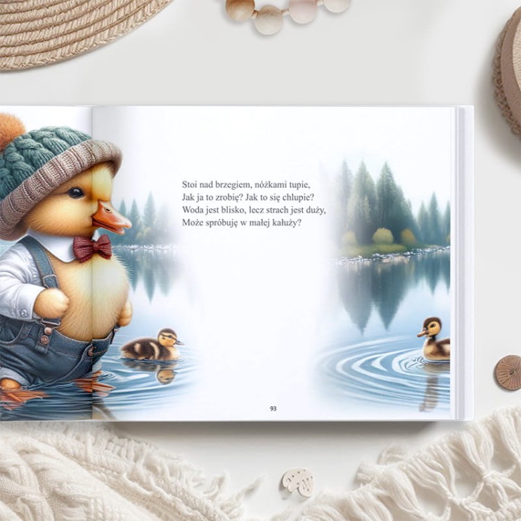 Fragment bajki z ilustracją z kaczkami.