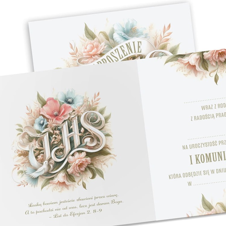 Zaproszenie na Komunię z motywem kwiatowym.