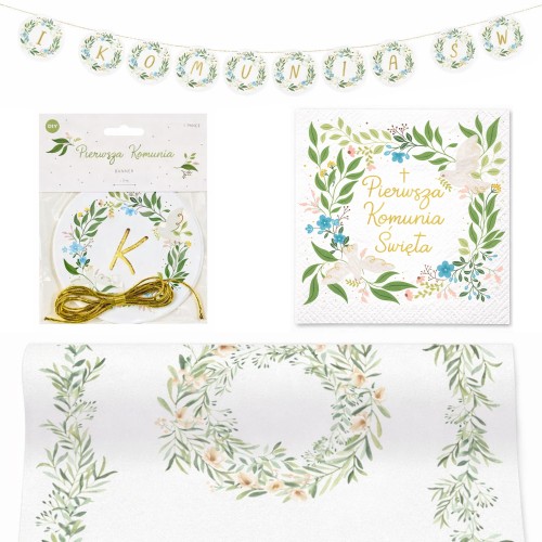 Zestaw komunijny z serwetką i banerem.