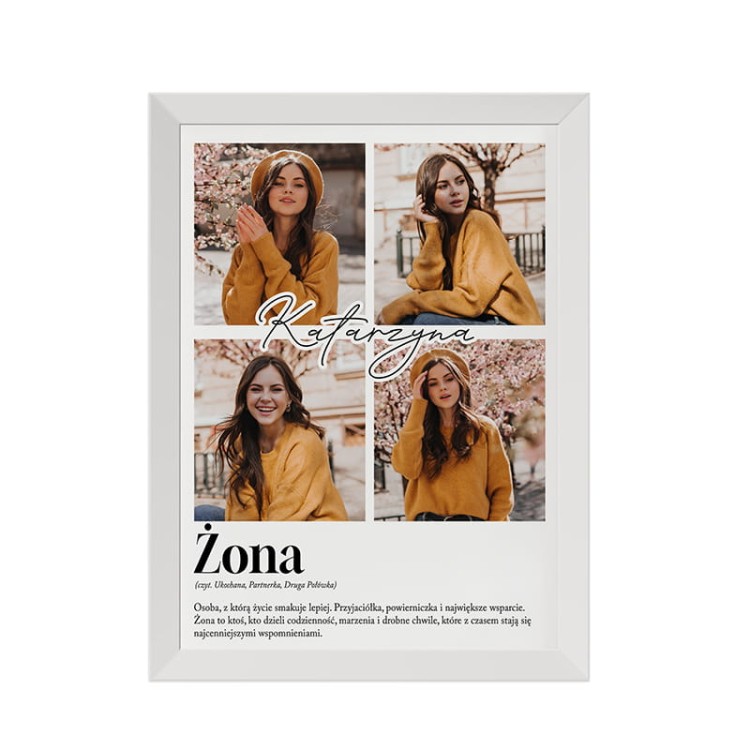 Plakat dla żony w ramie ze zdjęciami.