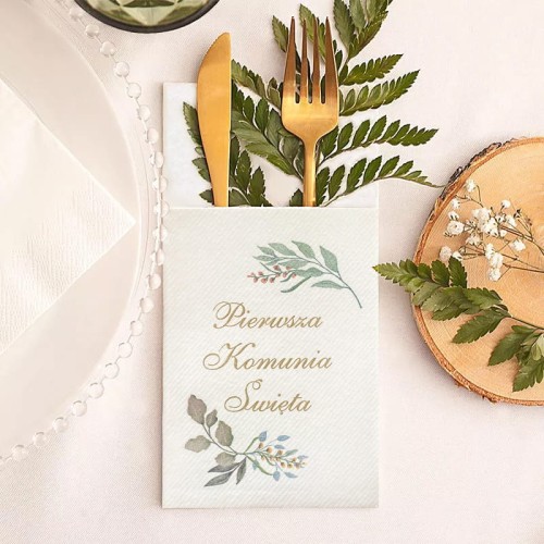 Kieszonki na sztućce z napisem Pierwsza Komunia Święta do dekoracji stołu