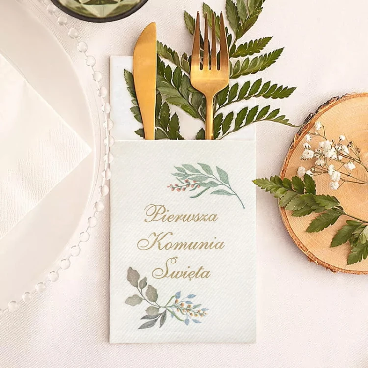 Kieszonki na sztućce z napisem Pierwsza Komunia Święta do dekoracji stołu