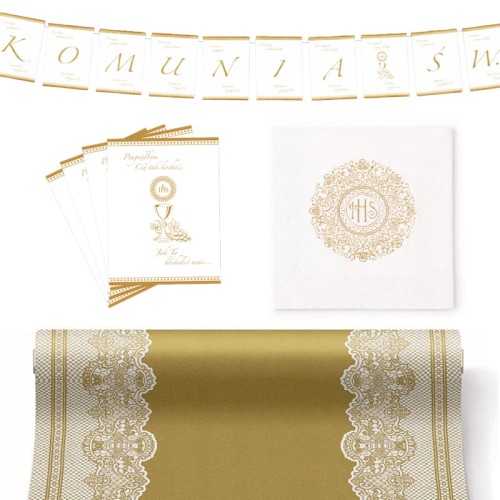 Zestaw złotych dekoracji komunijnych.