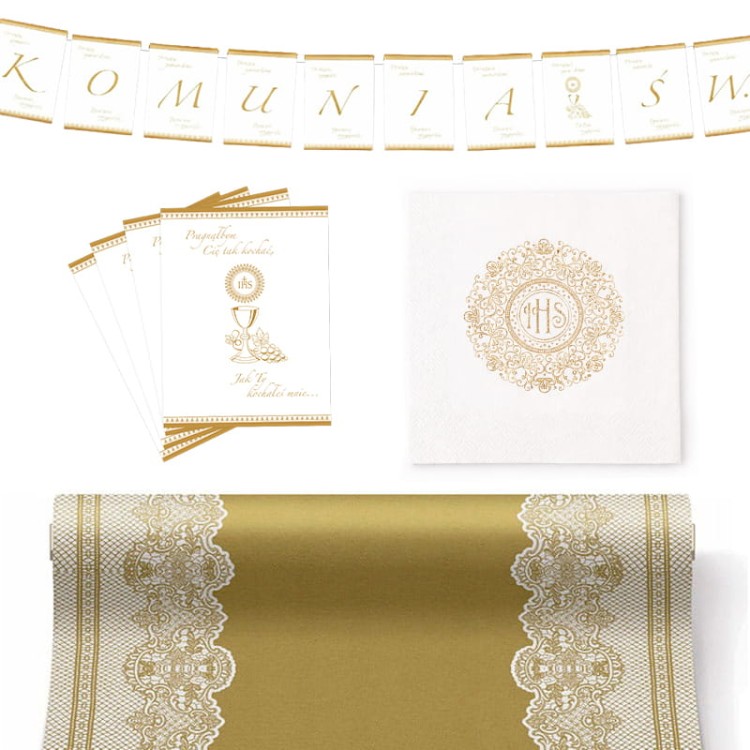 Zestaw złotych dekoracji komunijnych.