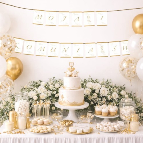 Zestaw dekoracji komunijnych złota koronka.