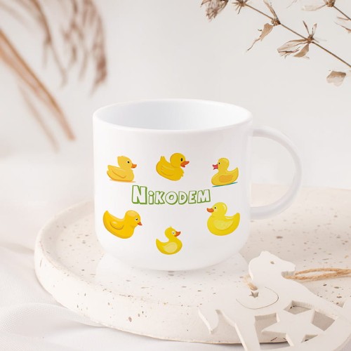 Plastikowy kubek personalizowany w kaczuszki.