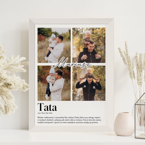 Fotoplakat z definicją słowa Tata i zdjęciami.