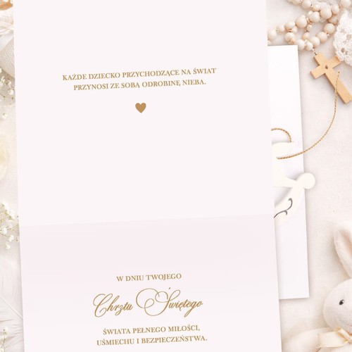 Wnętrze kartki z dedykacją i możliwością podpisu od bliskich. Dopasowane do okazji Chrztu Świętego.