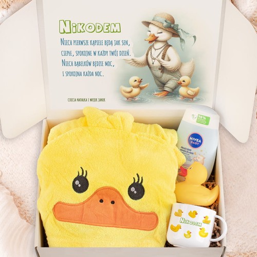Zestaw kąpielowy z kaczuszką dla maluszka w pudełku prezentowym.