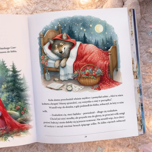 Kolorowe ilustracje w książce dla dziecka z bajkami i klasycznymi opowieściami.