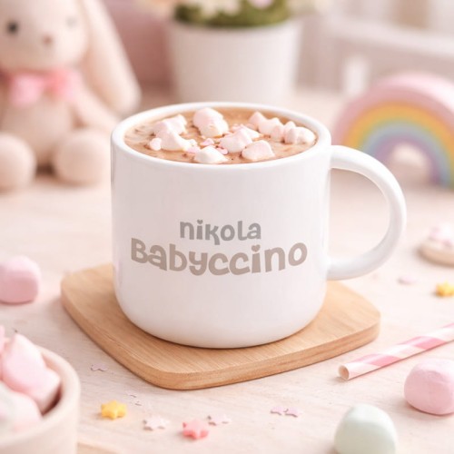 Plastikowy kubek dla dziecka z napisem babyccino i imieniem dziecka.