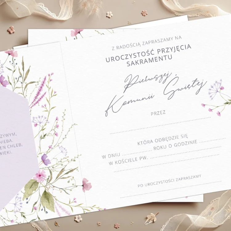 Zaproszenia komunijne do wypisania z kwiatowym motywem. W zestawie koperty.