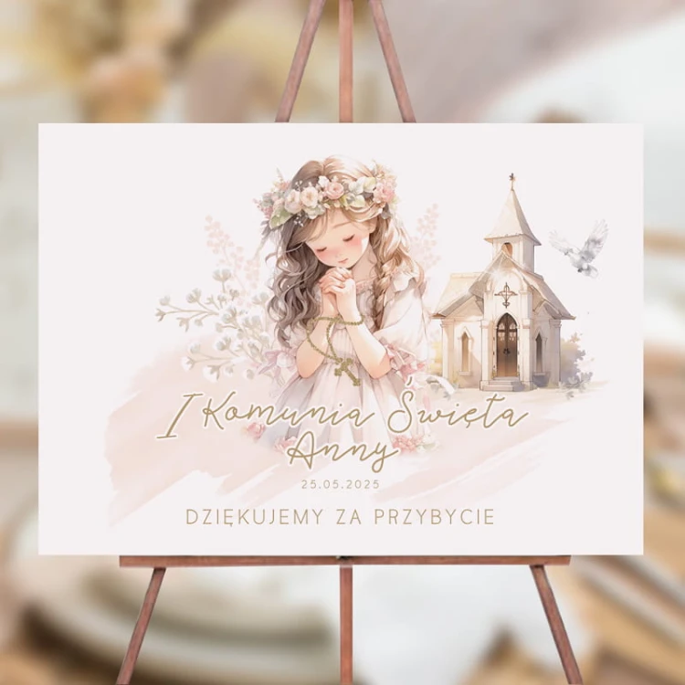 Plakat komunijny dla dziewczynki. Personalizowana dekoracja sali.