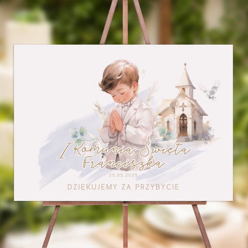 Plakat na Komunię chłopca. Personalizowana dekoracja komunijna.