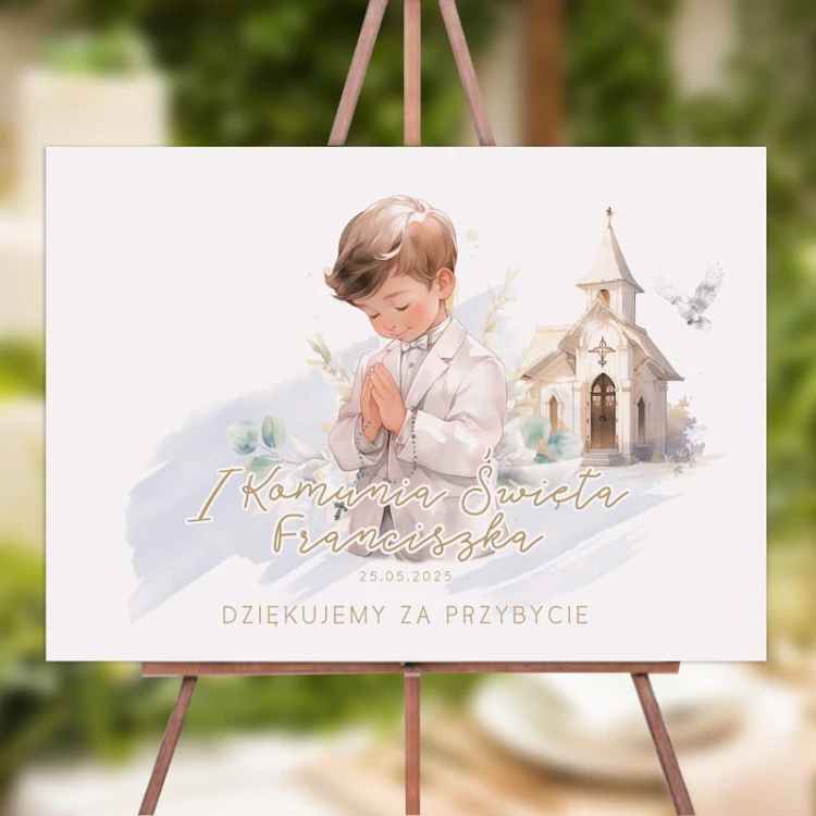 Plakat na Komunię chłopca. Personalizowana dekoracja komunijna.