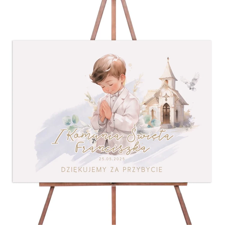 Dekoracja komunijna w postaci plakatu na Komunię chłopca.