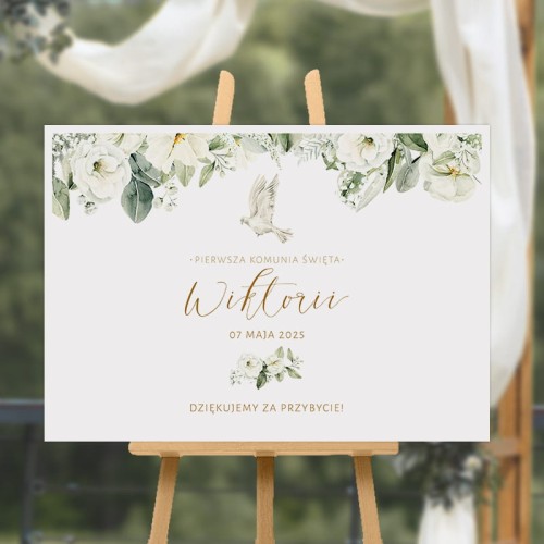 Plakat komunijny z kwiatowym motywem. Personalizowana dekoracja na Komunię.