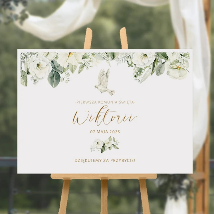 Plakat komunijny z kwiatowym motywem. Personalizowana dekoracja na Komunię.