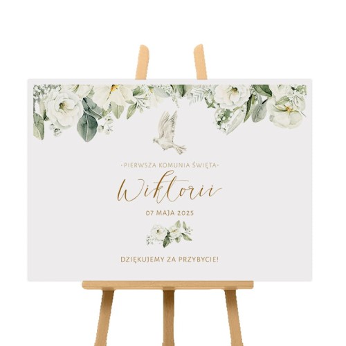 Personalizowany plakat komunijny z kwiatowym motywem białych kwiatów.