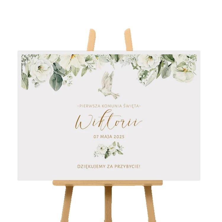 Personalizowany plakat komunijny z kwiatowym motywem białych kwiatów.