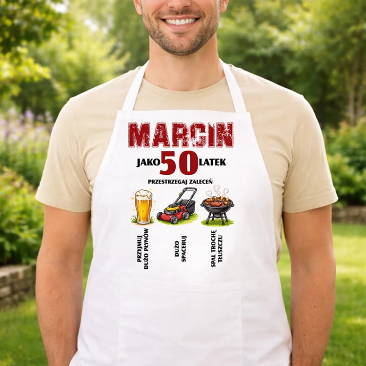 Fartuch kuchenny z urodzinowym motywem. Praktyczny prezent dla niego na urodziny.