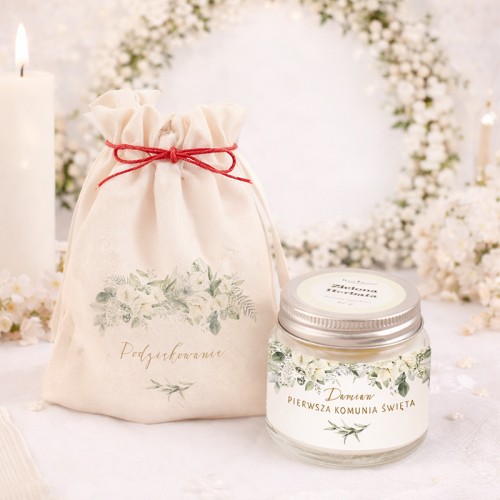 Upominek komunijny świeca dla matki chrzestnej z botaniczną grafiką