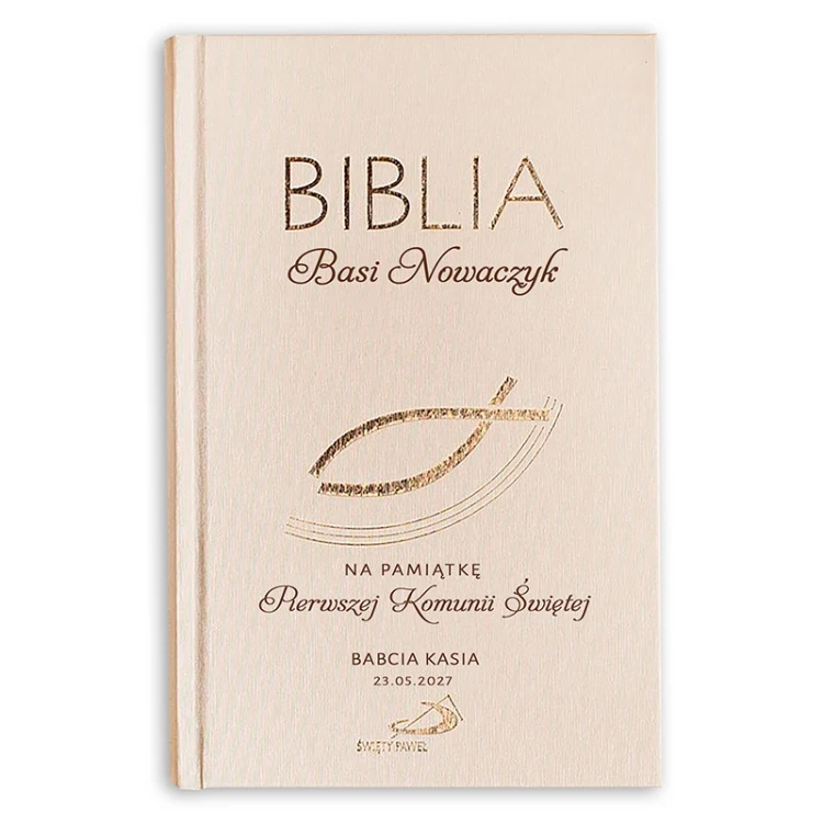 Personalizowane wydanie biblii na Komunię.
