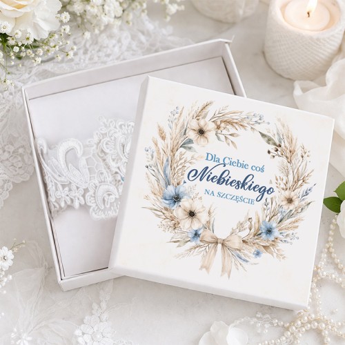 Pudełko z podwiązką na prezent dla Panny Młodej. Coś niebieskiego.